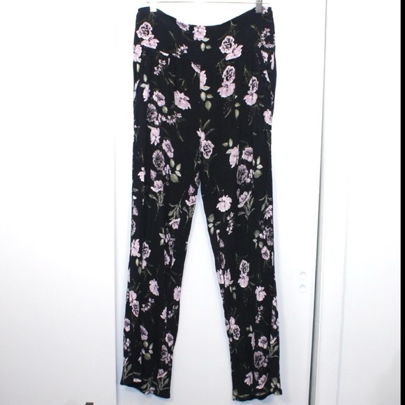 Three Dots Black Purple Floral Knit Pullover Straight Legs Women's Pants Size L - Picture 1 of 12